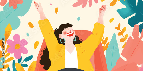 A joyful individual is immersed in a moment of elation, her arms raised high amidst vibrant floral and foliage elements, signifying a sense of freedom.