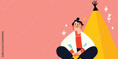 A person meditates peacefully in front of a bright tepee-like structure against a soft pink background. Evoking a sense of serenity, introspection, and a connection with nature. 