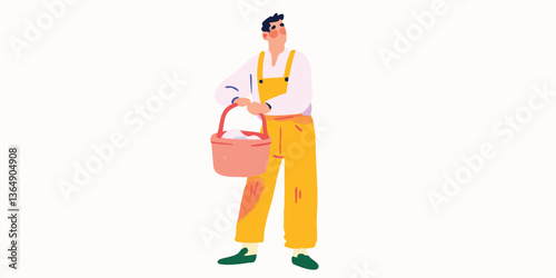 A male farmer holds a wicker basket, his gaze fixed upwards, suggesting a moment of contemplation in a clean, minimalist setting.