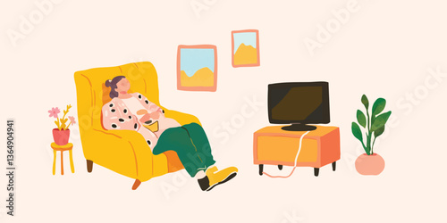 A person relaxes in a cozy living room, embracing a moment of solitude and peace. They are sitting in a comfy chair, casually watching television, surrounded by subtle decor.