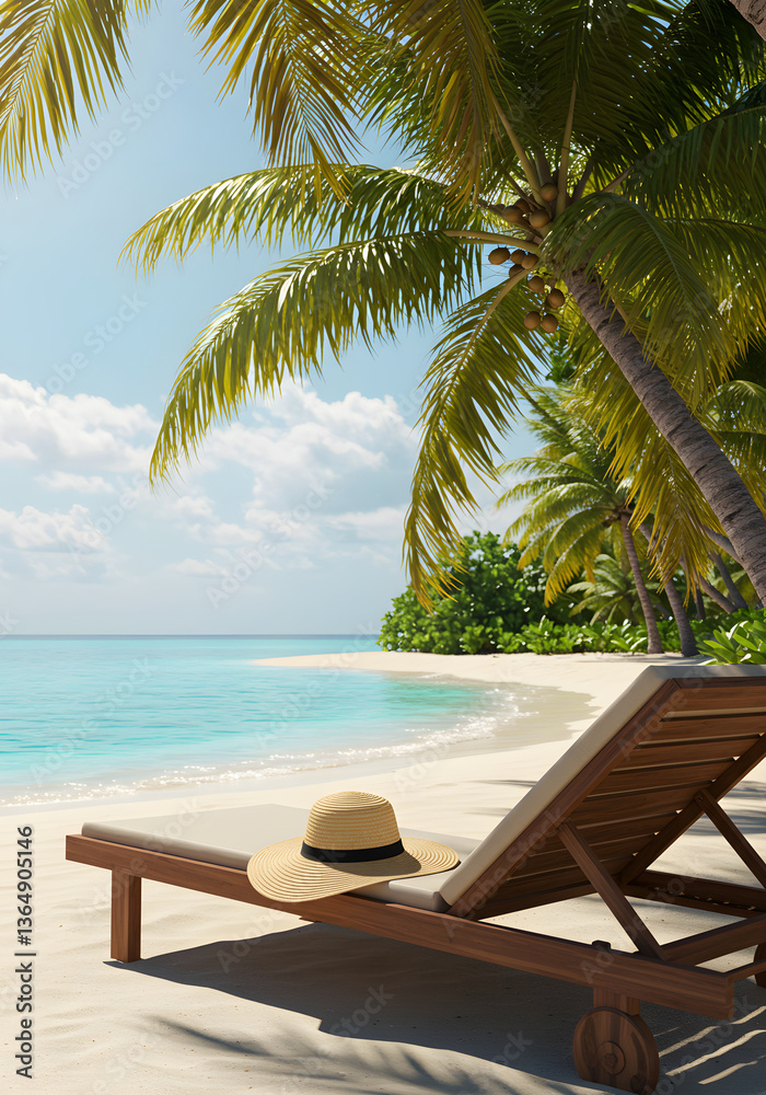 Fototapeta premium Tropical beach with palm trees. straw hat lies on sun loungers chair. clear blue sky, perfect for relaxation. Summer holiday vacation and travel concept. Relaxing seaside scene.