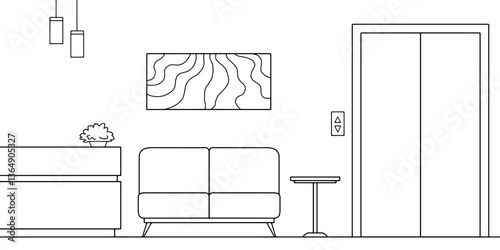 Hotel lobby reception interior graphic black white sketch illustration vector 