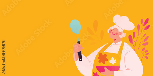 An illustration of a joyful chef holding a spoon and a bowl, an inviting backdrop of warmth and culinary delight. 
