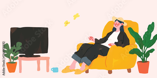 A serene individual unwinds in a cozy armchair, surrounded by greenery and a television. The room, with its muted colors, conveys a sense of peace and relaxation.