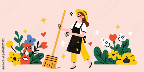 A woman dressed in gardening clothes sweeps happily among colorful blooming flowers, showcasing her dedication to gardening, and the vibrant blossoms that bring her joy.