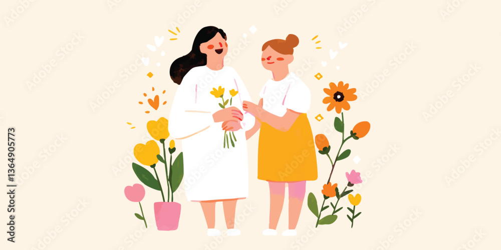 A heartfelt moment: a girl offers flowers to her friend, rendered in a friendly, inviting illustration. This captures a moment of affection and friendship. A heartfelt moment: a girl offers flowers to her friend, rendered in a friendly, inviting illustration. This captures a moment of affection and friendship.