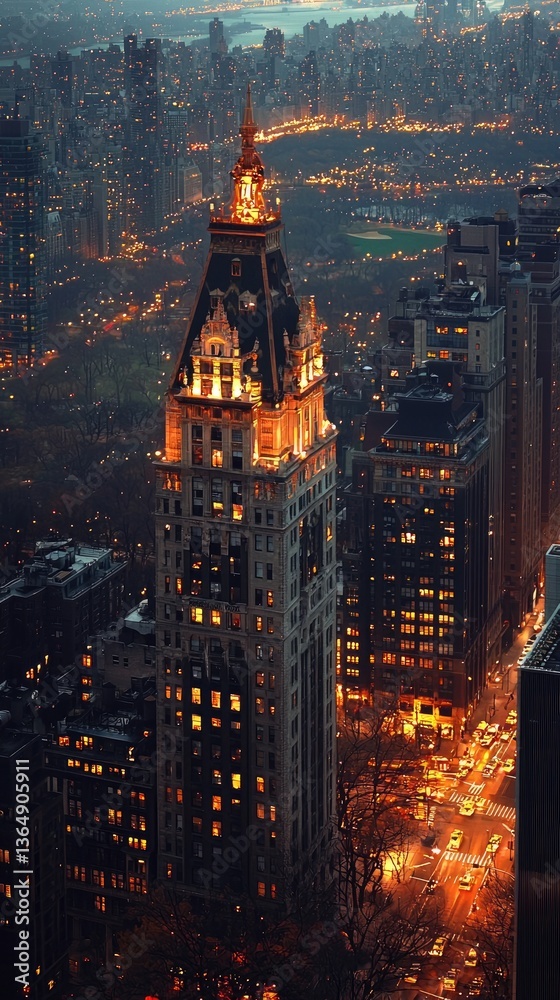 Fototapeta premium Night view of skyscraper, city lights, park background, cityscape