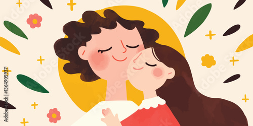 A loving couple embracing, a celebration of affection and connection, portrayed in a charming illustration, creating a sense of intimacy.