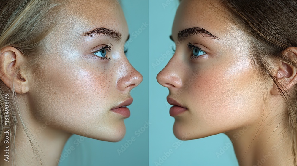 A beautiful young woman breathes, showing perfect nose and skin after rhinoplasty. A beautiful young woman breathes, showing perfect nose and skin after rhinoplasty.