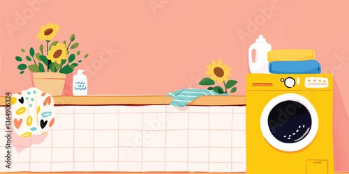 An inviting image showcasing a well-organized laundry room with vibrant colors and clean aesthetic. It suggests freshness, domesticity, and a sense of order and well-being. 