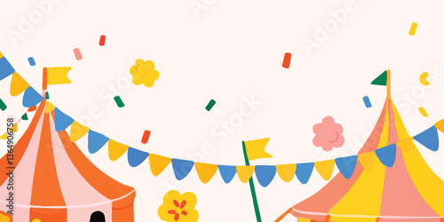 Colorful illustration of a festive carnival scene, decorated with flags and confetti, offering a whimsical and joyful atmosphere.