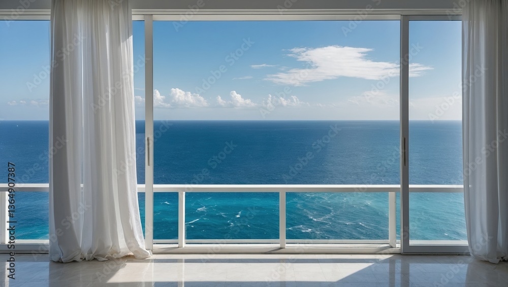 Ocean View From a Modern Glass Balcony With Flowing White Curtains Ocean View From a Modern Glass Balcony With Flowing White Curtains