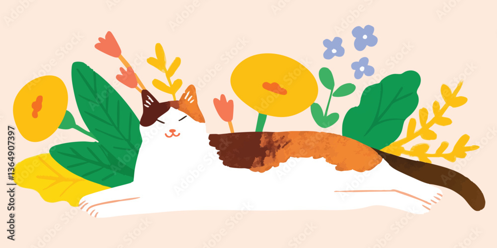 Obraz premium A contented feline rests serenely amidst a vibrant floral garden, creating a whimsical and heartwarming scene. The illustration style gives a touch of joy and peace.