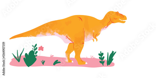 A vibrant illustration captures the essence of a majestic Tyrannosaurus Rex, depicted in an appealing cartoon style with charming details. 