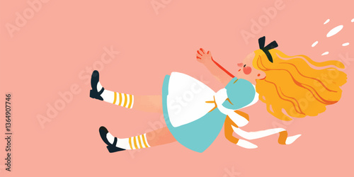 Alice's whimsical tumble, a playful illustration with a touch of magic, featuring a vibrant and imaginative style, perfect for storytellers and art enthusiasts.