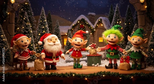 Festive Christmas Elves and Santa Puppet Show Scene on Stage with Winter Village Backdrop