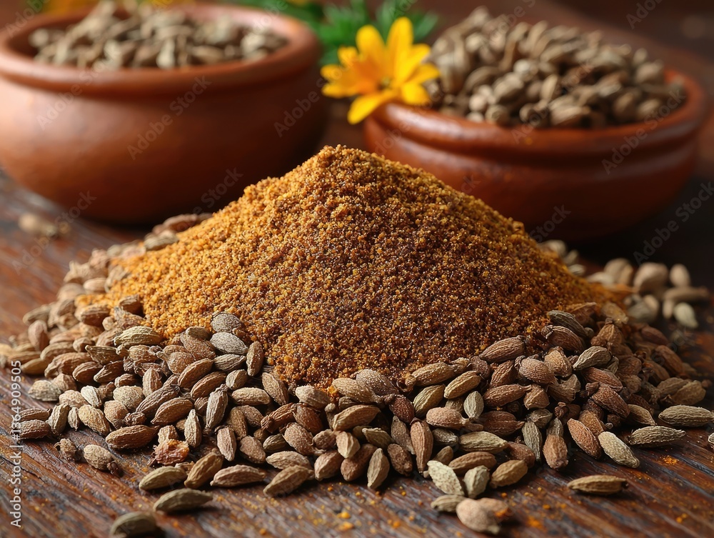 Ground spices surrounded by dried seeds in bowls on a table Ground spices surrounded by dried seeds in bowls on a table