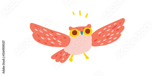 A delightful cartoon owl illustration soars with glee. The charming animated owl features outstretched wings, and its eyes are fixated, radiating curiosity.