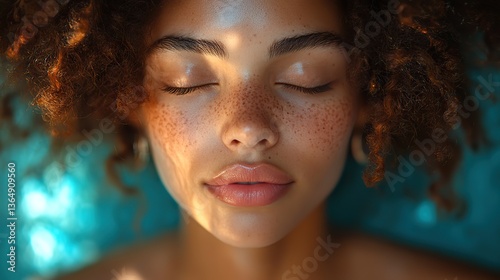 A closeup shows a young woman with closed eyes, highlighting perfect hearing and ear health.