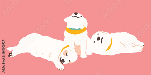 A playful portrayal of a trio of happy dogs against a vibrant backdrop of pink, showcasing the effortless charm and joyful essence of canine companionship.