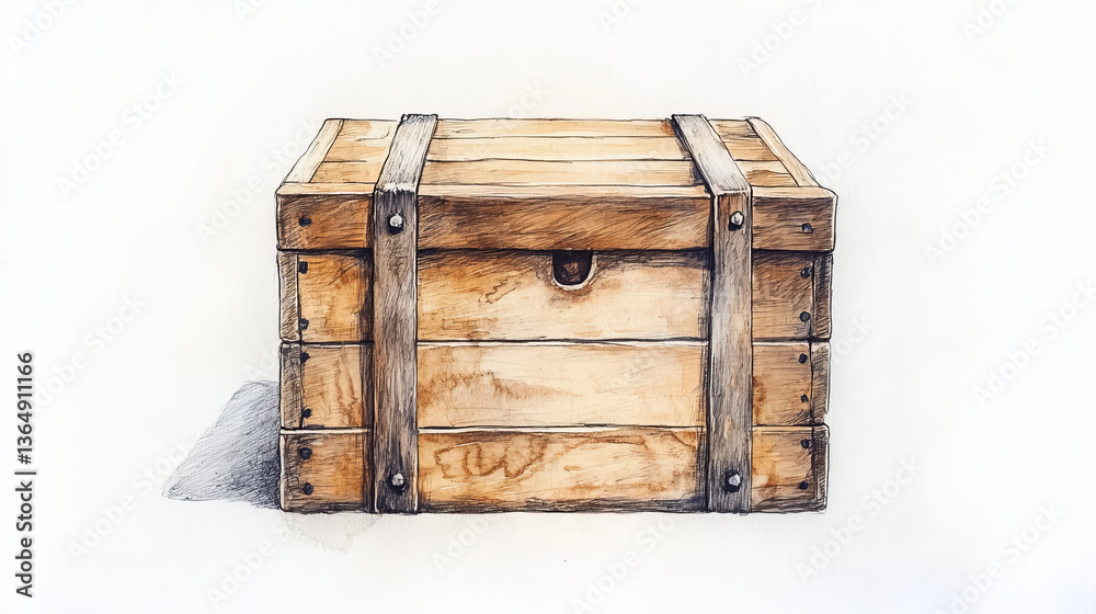 Obraz premium Wooden box closed by metal nails realistic vector illustration. Wooden crate or cargo box for storage, transportation and delivery of product with postal symbols, isolated on white background