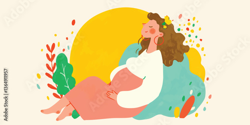 A serene illustration captures a pregnant woman, embodying peace and serenity with her eyes closed, gently cradling her belly.