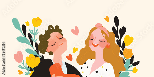 Two figures, embraced in a heartwarming embrace, exude serenity and love amidst an illustration of blossoming flora and floating hearts.