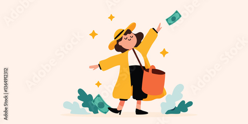 An illustration of a woman reveling in wealth, celebrating financial success with a radiant expression amidst flying currency. The vibrant.