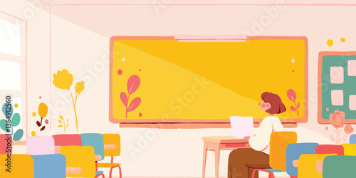 In a brightly illuminated classroom setting, a teacher sits at a desk, absorbed in their work. This inviting scene, filled with artistic elements, hints at the joys of learning.