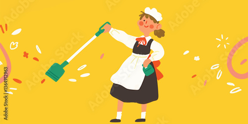 An illustration depicts a smiling maid wielding a cleaning tool against a bright yellow backdrop, radiating joy. It's a cheerful depiction, full of dynamism and vibrancy.