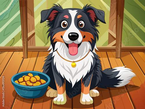 vector of Border collie with bowl of dry dog ​​food on wooden floor.