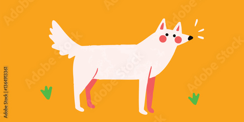 An illustrative representation of a playful white dog in a lively posture, animated against an appealing orange backdrop. 