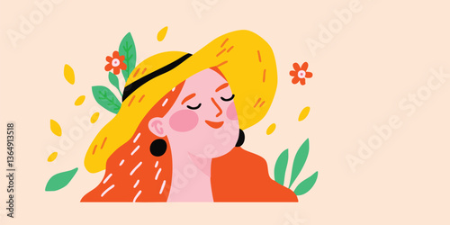 A sunny illustration of a woman enjoying a carefree day in nature, complete with a stylish hat and a backdrop of lush greenery.