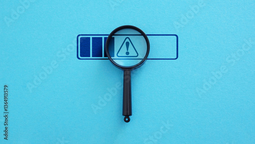 Quadro em tela Identifying malfunctions and critical problems in processes are shown by magnifying glass with warning sign on progress bar