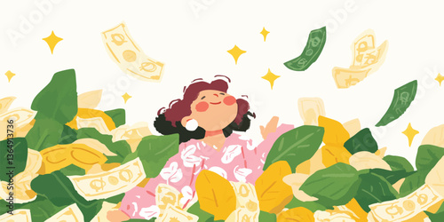 A joyful individual luxuriates in an overflowing wealth of money and plants. 