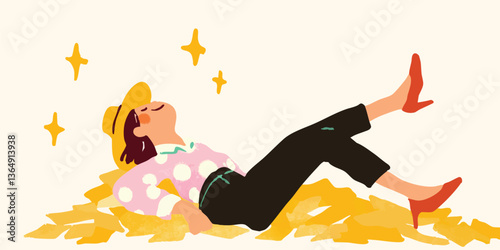 A relaxed woman basking in a hay-filled world, her hat adding a touch of rural charm, is depicted in a vibrant illustration.