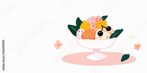 A mouthwatering dessert in a stylish glass, the ice cream scoops are adorned with cherry, ready to be consumed.