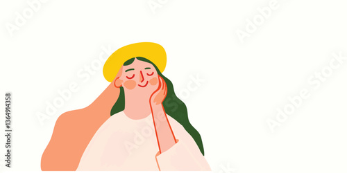 A woman with a contented expression is rendered in an illustration, hand resting serenely on her face, radiating peace and tranquility.