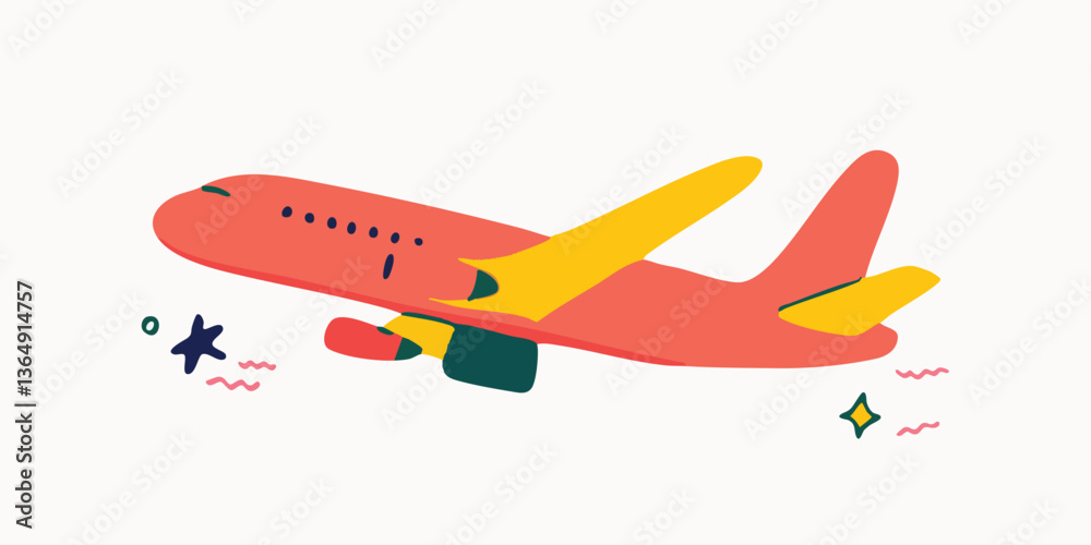 Naklejka premium A vibrant, graphic illustration of an airplane soaring, set against a background, suggesting travel and adventure.