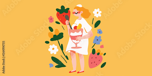 An illustration portrays a cheerful woman enjoying a delicious ice cream sundae, surrounded by vibrant flowers and fresh strawberries. A sweet summer treat in a charming, colorful setting.