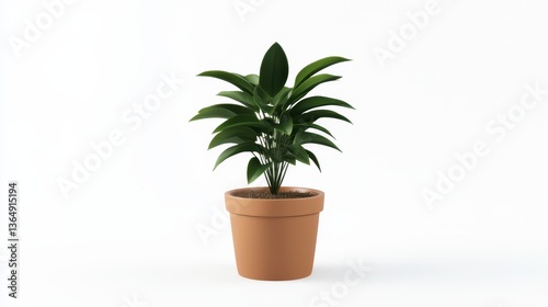 A vibrant green plant with elongated leaves thrives in a terracotta pot, enhancing the simplicity of the indoor decor. The white background emphasizes the plant's freshness and vitality