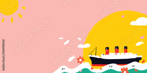 A whimsical illustration of a cruise ship sails under a radiant sun, set against a backdrop of vibrant colors, evokes a sense of adventure, journey, and carefree travel. 