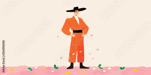 A vibrant and stylishly dressed individual stands confidently, the scene set with festive confetti.