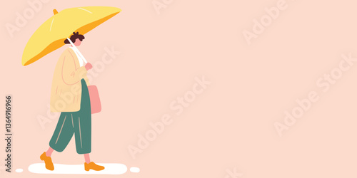 A solitary figure navigates a rainy day beneath the shelter of a vibrant yellow umbrella, depicting a scene of quiet resilience, and simple elegance.