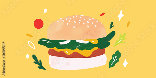 An appetizing burger artfully illustrated on a sunny background, showcasing its delicious components.  A whimsical and inviting food illustration sure to make the viewer's mouth water. 