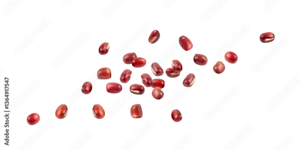 Red adzuki beans, raw flying aduki bean, Vigna angularis legume seeds levitate, falling Red adzuki beans, raw flying aduki bean, Vigna angularis legume seeds levitate, falling