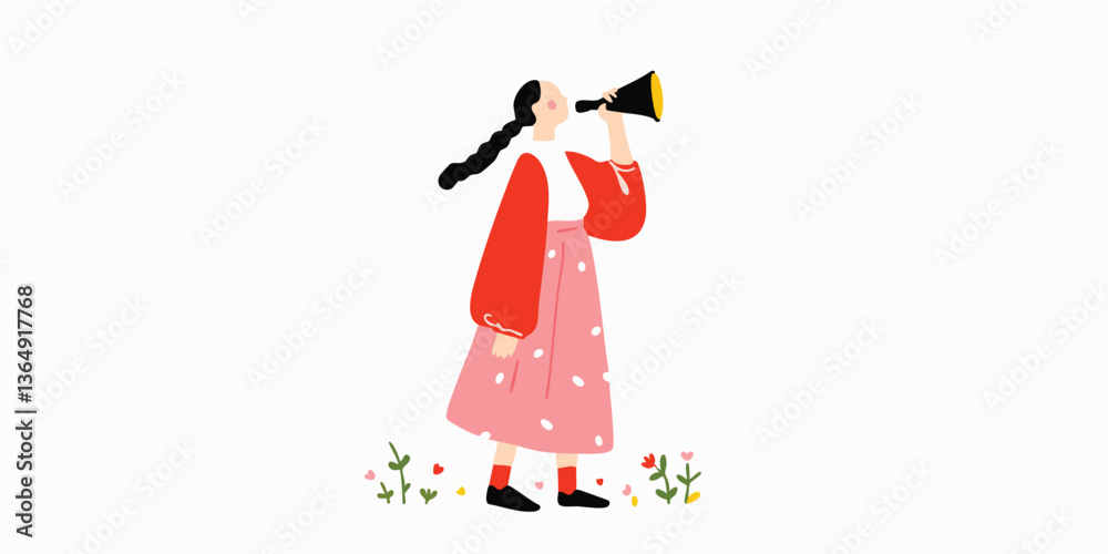 An artistic illustration capturing a young girl confidently using a megaphone, a symbol of proclamation and public speaking, in an inspiring setting with flowers An artistic illustration capturing a young girl confidently using a megaphone, a symbol of proclamation and public speaking, in an inspiring setting with flowers