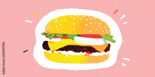 A mouthwatering illustration of a perfectly constructed burger. The burger's vibrant colors and textures create an appetizing appeal.