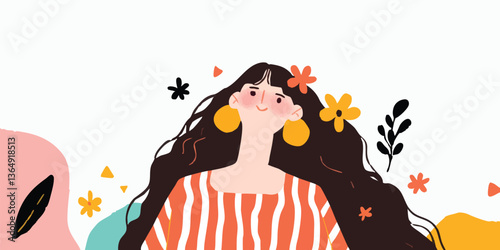 An Illustration of a beautiful girl with long hair wearing striped shirt. With a background of beautiful floral, showcasing a joyful and carefree aesthetic.