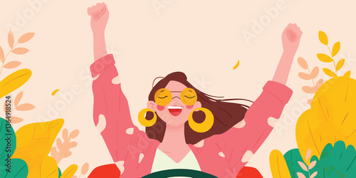 An illustration of a joyful woman with arms raised, showcasing her happiness, with a light color background.